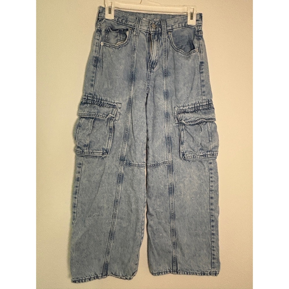 Old Navy High-Rise Baggy Cargo Jeans Light‎ Wash Wide Leg Denim Girls 14 / XS
